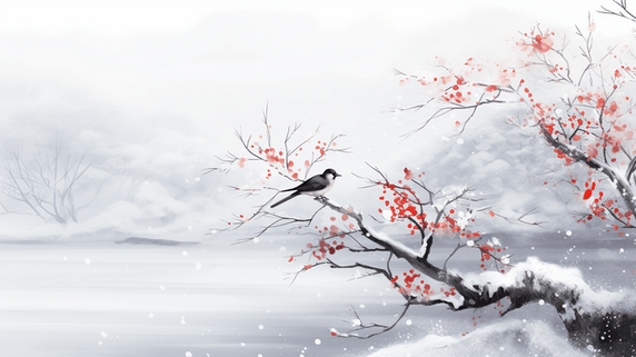 潮国创意大雪纷纷原野中站在树枝上动物插画10