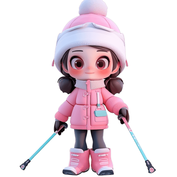 潮国创意冬天免抠元素可爱女孩滑雪3d立体人物