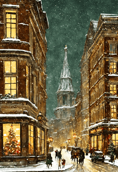 潮国创意城市圣诞树冬天雪景现代插画