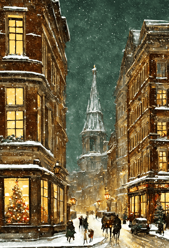 潮国创意城市圣诞树冬天雪景现代插画