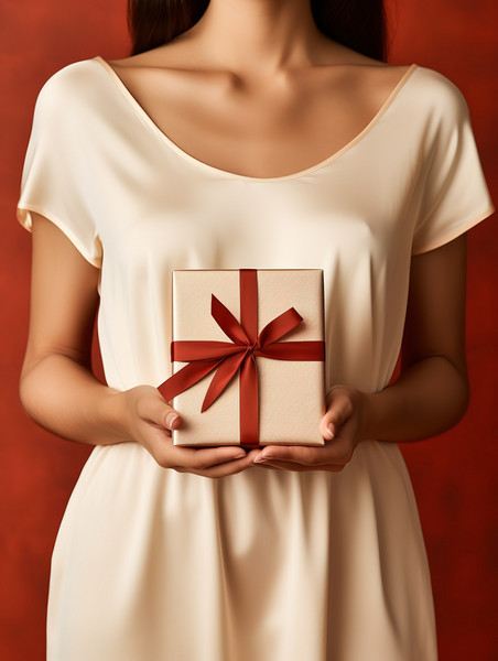 潮国创意拿着白色礼盒红色背景6元旦圣诞圣诞节