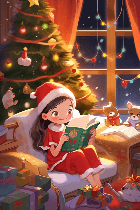潮国创意圣诞节手绘可爱女孩屋里看书卡通插画