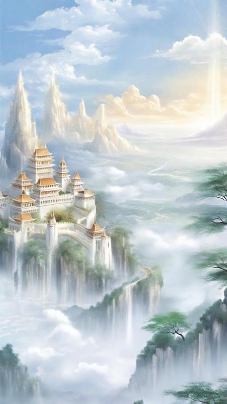 潮国创意蓝色中国风清新云雾里的宫殿背景欧式复古中国风