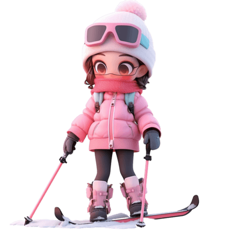 潮国创意可爱女孩冬天滑雪3d立体免抠元素人物