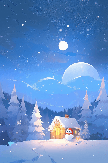 潮国创意冬天手绘雪地的插画夜晚冬季圣诞节圣诞大雪雪地