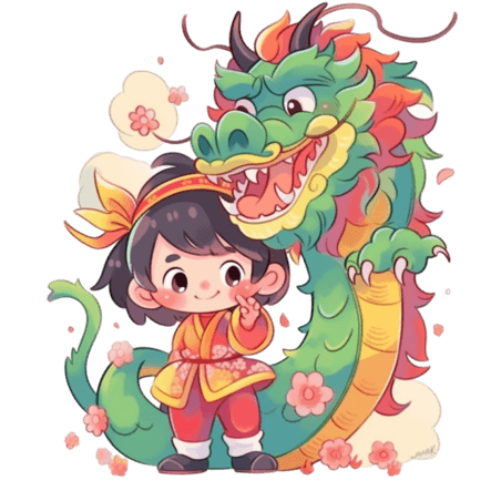潮国创意新春春节新年小孩和龙卡通可爱龙年