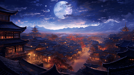 潮国创意中国古代城镇圆月夜景插画2