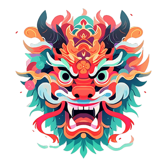 潮国创意龙年彩色龙头正面扁平装饰元素