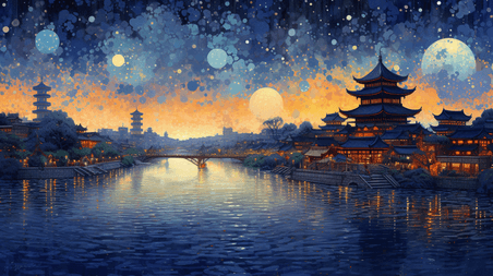 潮国创意繁荣的中国古代城镇夜景插画17