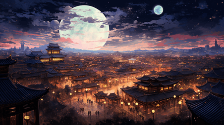 潮国创意中国古代城镇圆月夜景插画1
