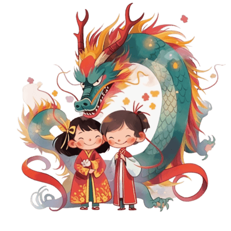 潮国创意过节春节龙年红色喜庆小孩和龙卡通可爱