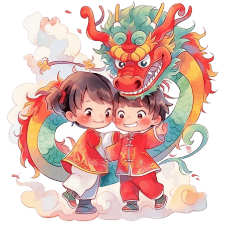 潮国创意假日春节龙年小孩和龙卡通可爱