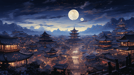 潮国创意灯火通明的中国古代城镇夜景插画19