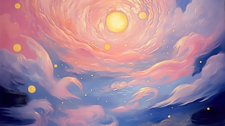 潮国创意天空粉红色翻滚的云朵14云海夕阳插画
