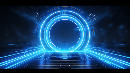 潮国创意科技感蓝色调圆环背景1电商科幻通道
