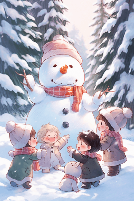 潮国创意插画冬天雪地里孩子玩耍手绘圣诞节冬季雪人堆雪人