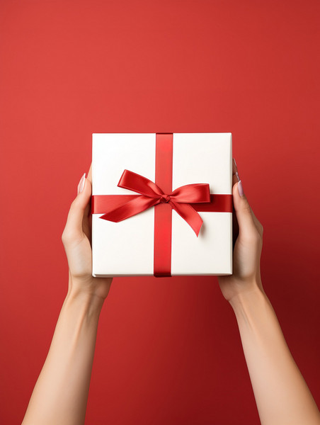 潮国创意拿着白色礼盒红色背景13元旦圣诞圣诞节