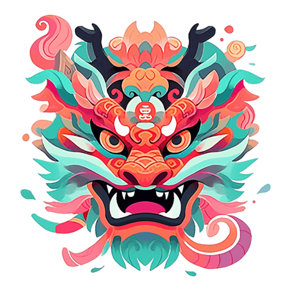 潮国创意彩色龙头正面扁平龙年元素