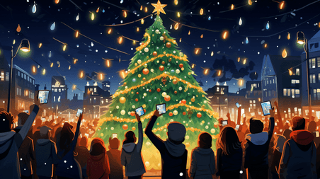 潮国创意圣诞树下庆祝的人群