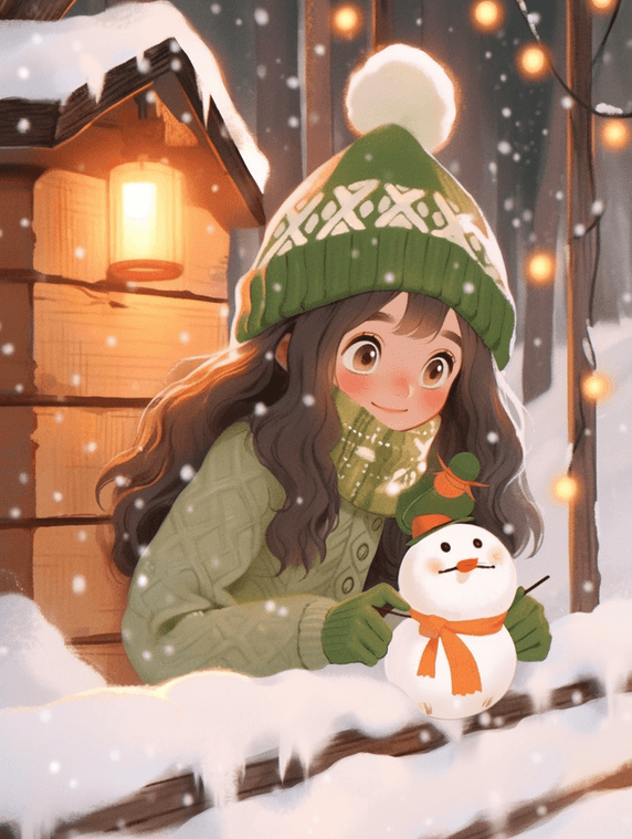 潮国创意圣诞节可爱女孩冬天雪人木屋手绘插画