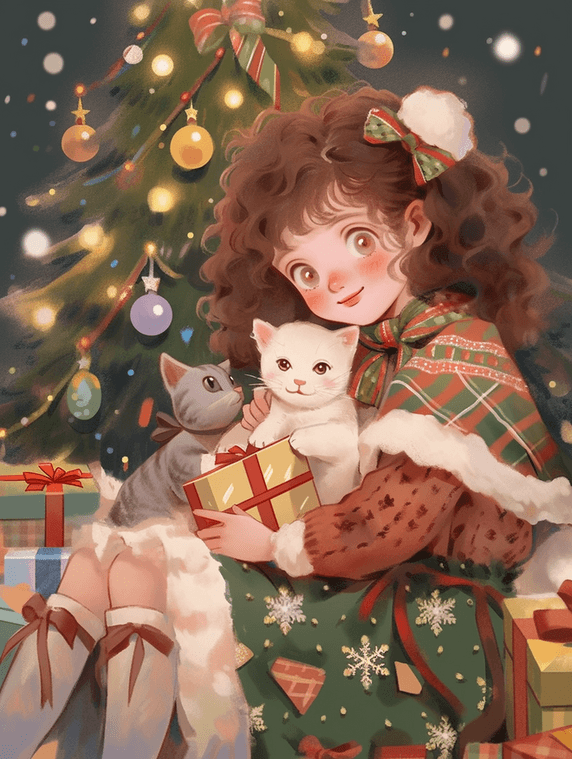 潮国创意元素圣诞节可爱女孩礼物圣诞树手绘