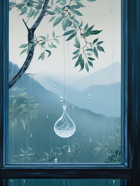 潮国创意窗台柔和梦幻绿植14中国风意境下雨天雨天
