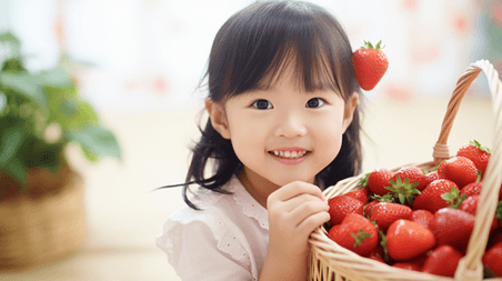 创意拿着草莓开心的小女孩儿童水果生鲜