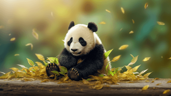 潮国创意黑白相间的熊猫坐在绿叶植物旁动物国宝