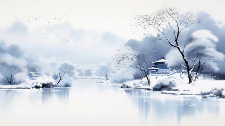 潮国创意宁静的冬季景象水彩画4中国风意境山水冬天雪景