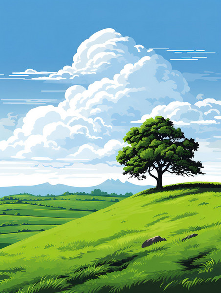 潮国创意山坡上的一棵孤独树19风景田园草地