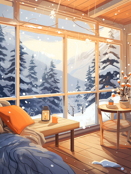 潮国创意温暖木屋窗外雪景8欧式度假冬天雪乡温暖温馨别墅