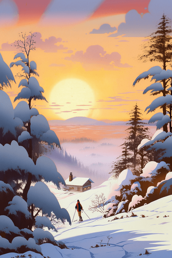 潮国创意冬天雪景冬季插画晚霞滑雪手绘海报