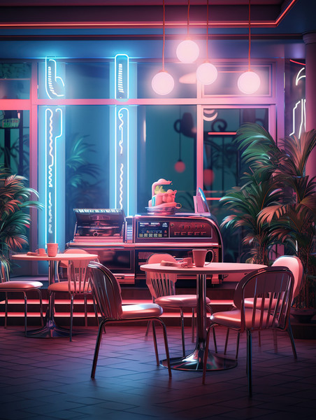 潮国创意赛博朋克酒吧霓虹灯下的现代复古风格咖啡馆10