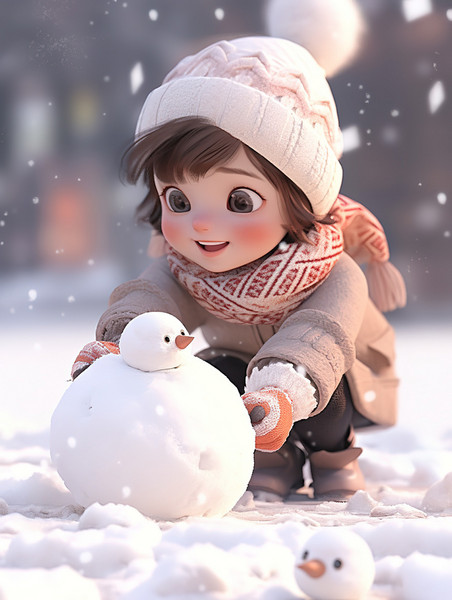 创意可爱立体小女孩堆雪人