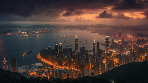 潮国创意香港维多利亚港夜晚城市建筑高楼大厦航拍
