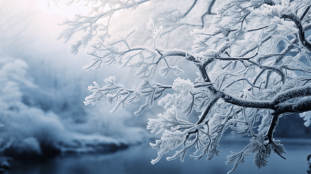 潮国创意冬季被冰雪覆盖的枝叶冬天
