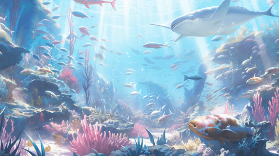 创意遨游在大海里鱼群插画17海洋世界大海卡通漫画
