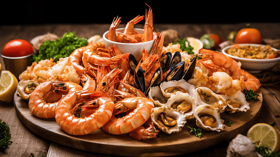 潮国创意地中海美食餐厅海鲜生鲜食物特写炸鱿鱼环王对虾贻贝牡蛎贝类美味木桌背景