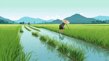 创意芒种水稻种田插秧手绘插画春天春耕农民种水稻