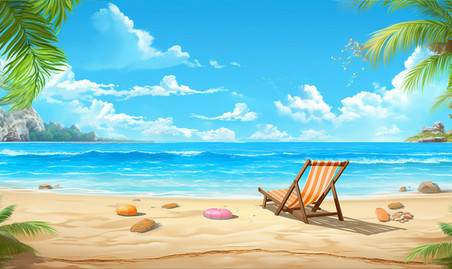 潮国创意夏季海边旅行休闲卡通插画大海沙滩海浪夏天