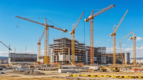 潮国创意有起重机施工中的工地工程建筑施工