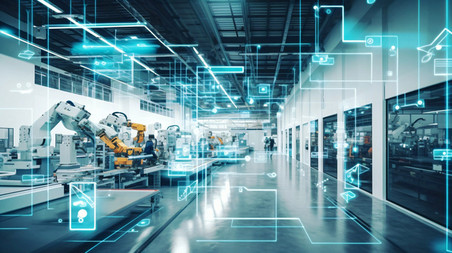 潮国创意智能工厂或工业概念物联网将机器人与云计算连接