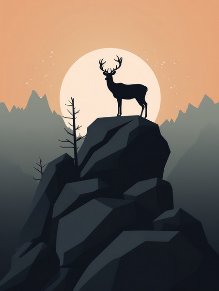 创意一只鹿的剪影插画7美式漫画风扁平动物
