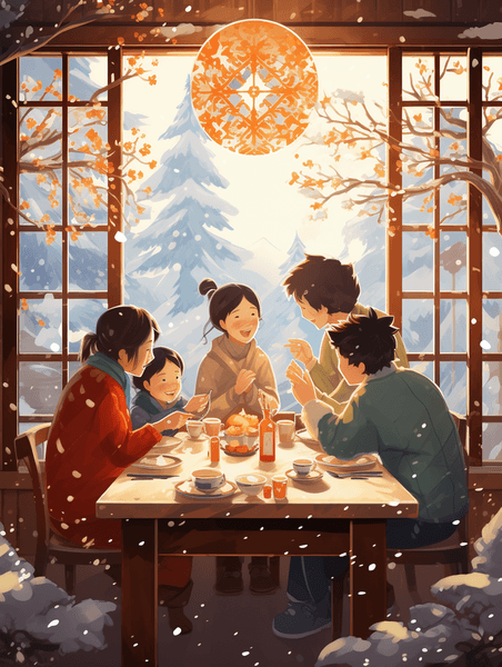 潮国创意餐桌上的美食冬至节气卡通插画2一家人团圆饭除夕冬天