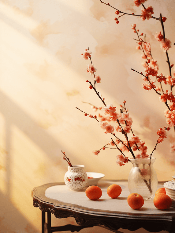 创意红色花艺插花唯美背景11春节新年装饰电商背景