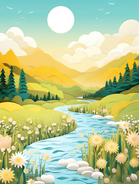 创意阳光明媚的河流剪纸风格18矢量插画卡通风景