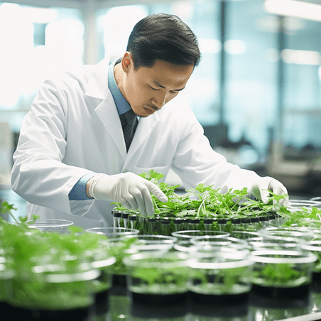 潮国创意亚洲男性科学家在实验室的培养皿上检查绿色植物的实验人像智慧农业