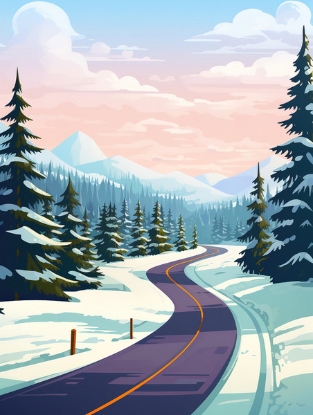 创意冬天森林里的山路11图片雪景