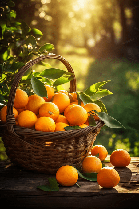 潮国创意刚摘下的橙子放在篮子水果生鲜阳光