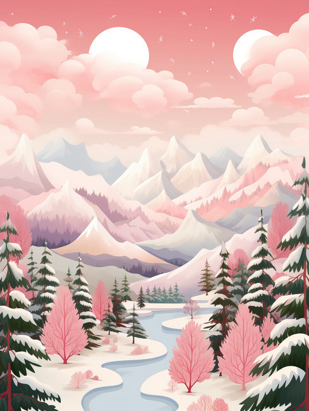 创意粉红色和祖母绿冬天雪景冬天冬季卡通雪景雪地森林